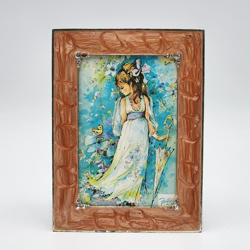 Vintage Peach Marbled Resin Frame Faux Crystals Fantasy Ephemera Card 4x6 Photo